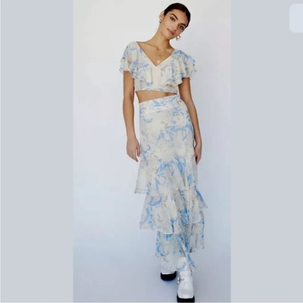 Free People Petal Set Maxi Skirt & Top Floral Sz 4 Blue Gold Ivory